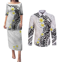 Hawaii Aloha Couples Matching Puletasi Dress and Long Sleeve Button Shirt Plumeria Vintage - White LT7 White - Polynesian Pride