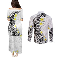 Hawaii Aloha Couples Matching Puletasi Dress and Long Sleeve Button Shirt Plumeria Vintage - White LT7 - Polynesian Pride