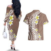 Hawaii Aloha Couples Matching Off The Shoulder Long Sleeve Dress and Hawaiian Shirt Plumeria Vintage - Brown LT7 - Polynesian Pride