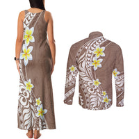 Hawaii Aloha Couples Matching Tank Maxi Dress and Long Sleeve Button Shirt Plumeria Vintage - Brown LT7 - Polynesian Pride