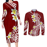 Hawaii Aloha Couples Matching Long Sleeve Bodycon Dress and Long Sleeve Button Shirt Plumeria Vintage - Crimson LT7 Crimson - Polynesian Pride