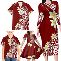 Hawaii Aloha Family Matching Long Sleeve Bodycon Dress and Hawaiian Shirt Plumeria Vintage - Crimson LT7 - Polynesian Pride