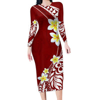 Hawaii Aloha Family Matching Long Sleeve Bodycon Dress and Hawaiian Shirt Plumeria Vintage - Crimson LT7 Mom's Dress Crimson - Polynesian Pride