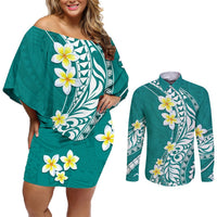 Hawaii Aloha Couples Matching Off Shoulder Short Dress and Long Sleeve Button Shirt Plumeria Vintage - Teal LT7 Teal - Polynesian Pride