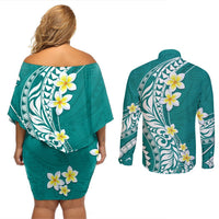Hawaii Aloha Couples Matching Off Shoulder Short Dress and Long Sleeve Button Shirt Plumeria Vintage - Teal LT7 - Polynesian Pride