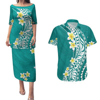 Hawaii Aloha Couples Matching Puletasi Dress and Hawaiian Shirt Plumeria Vintage - Teal LT7 Teal - Polynesian Pride