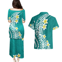 Hawaii Aloha Couples Matching Puletasi Dress and Hawaiian Shirt Plumeria Vintage - Teal LT7 - Polynesian Pride