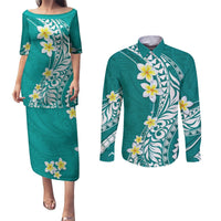 Hawaii Aloha Couples Matching Puletasi Dress and Long Sleeve Button Shirt Plumeria Vintage - Teal LT7 Teal - Polynesian Pride