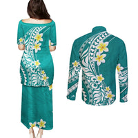 Hawaii Aloha Couples Matching Puletasi Dress and Long Sleeve Button Shirt Plumeria Vintage - Teal LT7 - Polynesian Pride