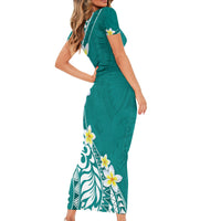 Hawaii Aloha Short Sleeve Bodycon Dress Plumeria Vintage - Teal LT7 - Polynesian Pride