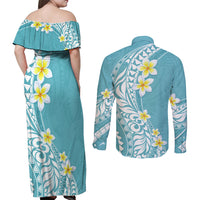Hawaii Aloha Couples Matching Off Shoulder Maxi Dress and Long Sleeve Button Shirt Plumeria Vintage - Turquoise LT7 - Polynesian Pride