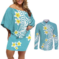 Hawaii Aloha Couples Matching Off Shoulder Short Dress and Long Sleeve Button Shirt Plumeria Vintage - Turquoise LT7 Turquoise - Polynesian Pride