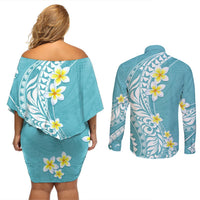 Hawaii Aloha Couples Matching Off Shoulder Short Dress and Long Sleeve Button Shirt Plumeria Vintage - Turquoise LT7 - Polynesian Pride