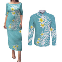 Hawaii Aloha Couples Matching Puletasi Dress and Long Sleeve Button Shirt Plumeria Vintage - Turquoise LT7 Turquoise - Polynesian Pride