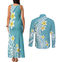 Hawaii Aloha Couples Matching Tank Maxi Dress and Long Sleeve Button Shirt Plumeria Vintage - Turquoise LT7 - Polynesian Pride