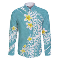 Hawaii Aloha Family Matching Off Shoulder Long Sleeve Dress and Hawaiian Shirt Plumeria Vintage - Turquoise LT7 Dad's Shirt - Long Sleeve Turquoise - Polynesian Pride