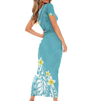 Hawaii Aloha Short Sleeve Bodycon Dress Plumeria Vintage - Turquoise LT7 - Polynesian Pride