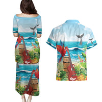 Aloha Honolulu Festival Couples Matching Puletasi and Hawaiian Shirt Ukulele By The Shore