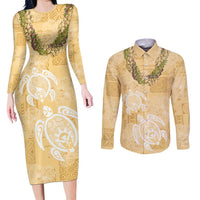 Aloha Honolulu Festival Couples Matching Long Sleeve Bodycon Dress and Long Sleeve Button Shirt Hawaii Kapa Mix Flowers Lei LT7 Yellow - Polynesian Pride