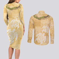 Aloha Honolulu Festival Couples Matching Long Sleeve Bodycon Dress and Long Sleeve Button Shirt Hawaii Kapa Mix Flowers Lei LT7 - Polynesian Pride