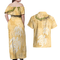 Aloha Honolulu Festival Couples Matching Off Shoulder Maxi Dress and Hawaiian Shirt Hawaii Kapa Mix Flowers Lei LT7 - Polynesian Pride