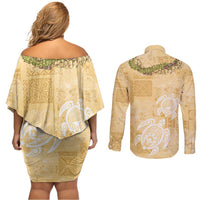 Aloha Honolulu Festival Couples Matching Off Shoulder Short Dress and Long Sleeve Button Shirt Hawaii Kapa Mix Flowers Lei LT7 - Polynesian Pride