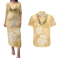 Aloha Honolulu Festival Couples Matching Puletasi and Hawaiian Shirt Hawaii Kapa Mix Flowers Lei LT7 Yellow - Polynesian Pride