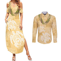 Aloha Honolulu Festival Couples Matching Summer Maxi Dress and Long Sleeve Button Shirt Hawaii Kapa Mix Flowers Lei LT7 Yellow - Polynesian Pride