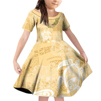 Aloha Honolulu Festival Family Matching Off Shoulder Short Dress and Hawaiian Shirt Hawaii Kapa Mix Flowers Lei LT7 Daughter's Dress Yellow - Polynesian Pride