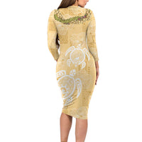 Aloha Honolulu Festival Long Sleeve Bodycon Dress Hawaii Kapa Mix Flowers Lei