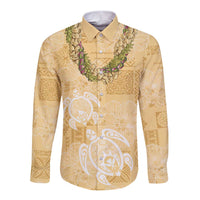 Aloha Honolulu Festival Long Sleeve Button Shirt Hawaii Kapa Mix Flowers Lei LT7 Unisex Yellow - Polynesian Pride