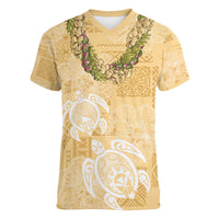 Aloha Honolulu Festival Women V-Neck T-Shirt Hawaii Kapa Mix Flowers Lei LT7 Female Yellow - Polynesian Pride