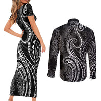 Polynesia Plumeria Lei Couples Matching Short Sleeve Bodycon Dress and Long Sleeve Button Shirt Black Curves Motif