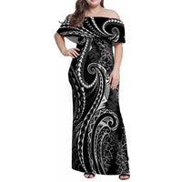 Polynesia Plumeria Lei Family Matching Off Shoulder Maxi Dress and Hawaiian Shirt Black Curves Motif LT7 Mom's Dress Black - Polynesian Pride
