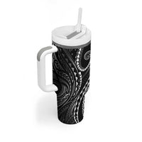 Polynesia Plumeria Lei Tumbler With Handle Black Curves Motif