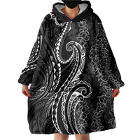 Polynesia Plumeria Lei Wearable Blanket Hoodie Black Curves Motif