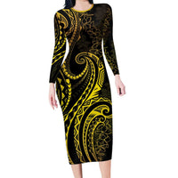 Polynesia Plumeria Lei Family Matching Long Sleeve Bodycon Dress and Hawaiian Shirt Black Gold Curves Motif LT7 Mom's Dress Gold - Polynesian Pride