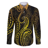 Polynesia Plumeria Lei Family Matching Off Shoulder Maxi Dress and Hawaiian Shirt Black Gold Curves Motif LT7 Dad's Shirt - Long Sleeve Gold - Polynesian Pride