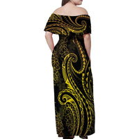 Polynesia Plumeria Lei Family Matching Off Shoulder Maxi Dress and Hawaiian Shirt Black Gold Curves Motif LT7 - Polynesian Pride