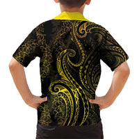 Polynesia Plumeria Lei Family Matching Short Sleeve Bodycon Dress and Hawaiian Shirt Black Gold Curves Motif LT7 - Polynesian Pride