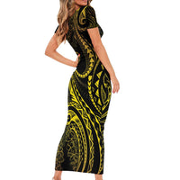Polynesia Plumeria Lei Family Matching Short Sleeve Bodycon Dress and Hawaiian Shirt Black Gold Curves Motif LT7 - Polynesian Pride