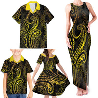 Polynesia Plumeria Lei Family Matching Tank Maxi Dress and Hawaiian Shirt Black Gold Curves Motif