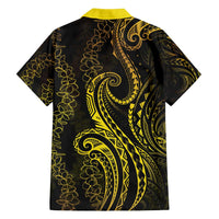 Polynesia Plumeria Lei Family Matching Tank Maxi Dress and Hawaiian Shirt Black Gold Curves Motif