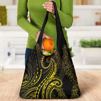 Polynesia Plumeria Lei Grocery Bag Black Gold Curves Motif