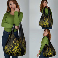 Polynesia Plumeria Lei Grocery Bag Black Gold Curves Motif