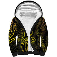 Polynesia Plumeria Lei Sherpa Hoodie Black Gold Curves Motif