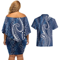 Polynesia Plumeria Lei Couples Matching Off Shoulder Short Dress and Hawaiian Shirt Navy Blue Curves Motif