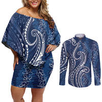 Polynesia Plumeria Lei Couples Matching Off Shoulder Short Dress and Long Sleeve Button Shirt Navy Blue Curves Motif