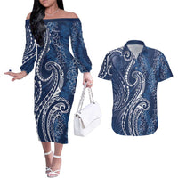 Polynesia Plumeria Lei Couples Matching Off The Shoulder Long Sleeve Dress and Hawaiian Shirt Navy Blue Curves Motif