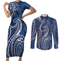 Polynesia Plumeria Lei Couples Matching Short Sleeve Bodycon Dress and Long Sleeve Button Shirt Navy Blue Curves Motif